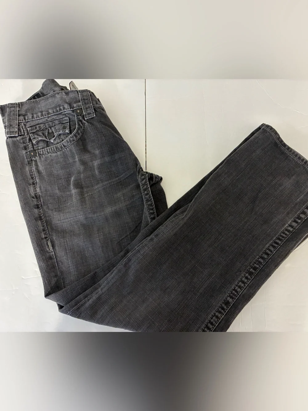 True Religion Jeans Men 36x32  Ricky Big T Flap Pockets Faded Black Grunge